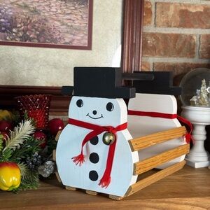 Vintage 1993 Handmade Solid Wood Festive Snowman Wooden Basket with Red Accents